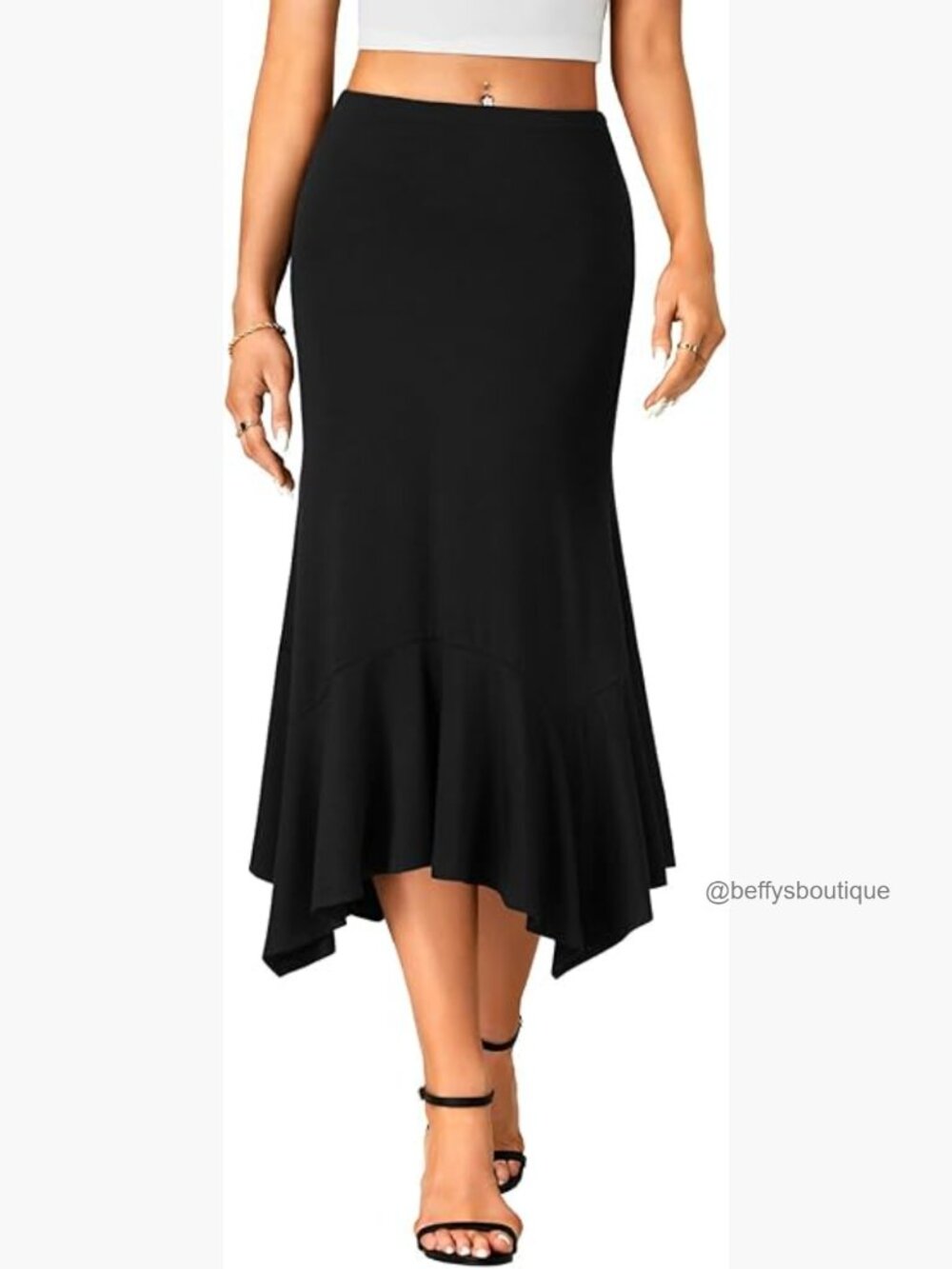 High Waisted Midi Skirt Asymmetrical Handkerchief Hemline Flowy Ruffle